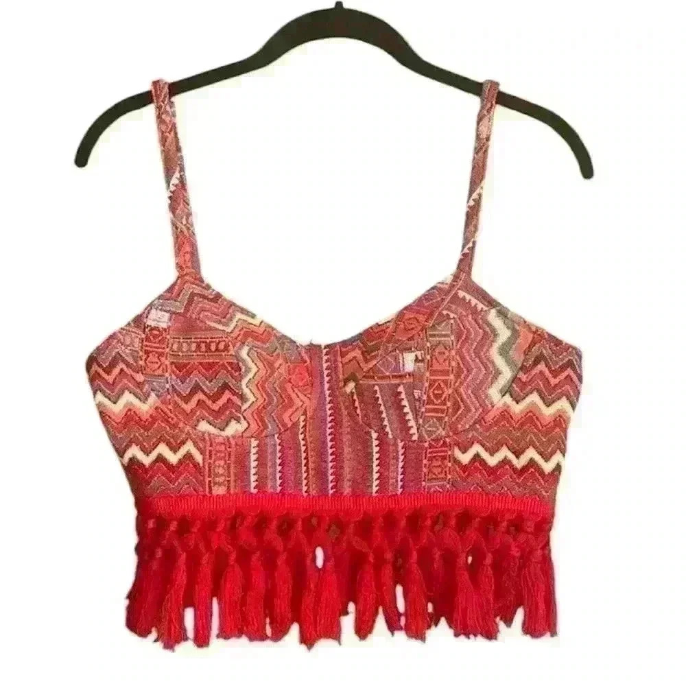 Aztec Cider Tank top w knotted fringe base zip back M red base BOHO - Picture 3 of 7